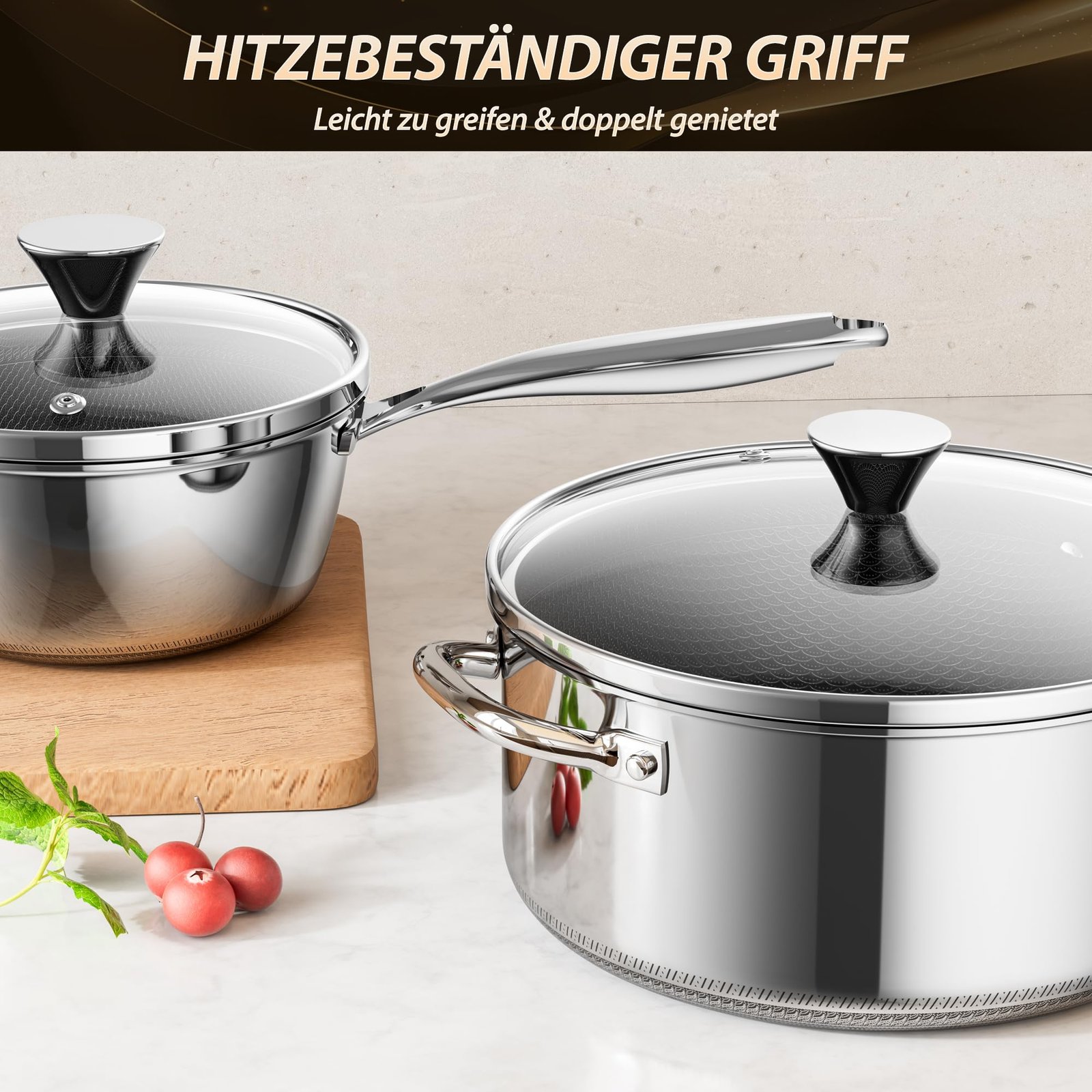Hitzebeständiger Edelstahlgriff des ZEROPAN Standard Kochtopfs