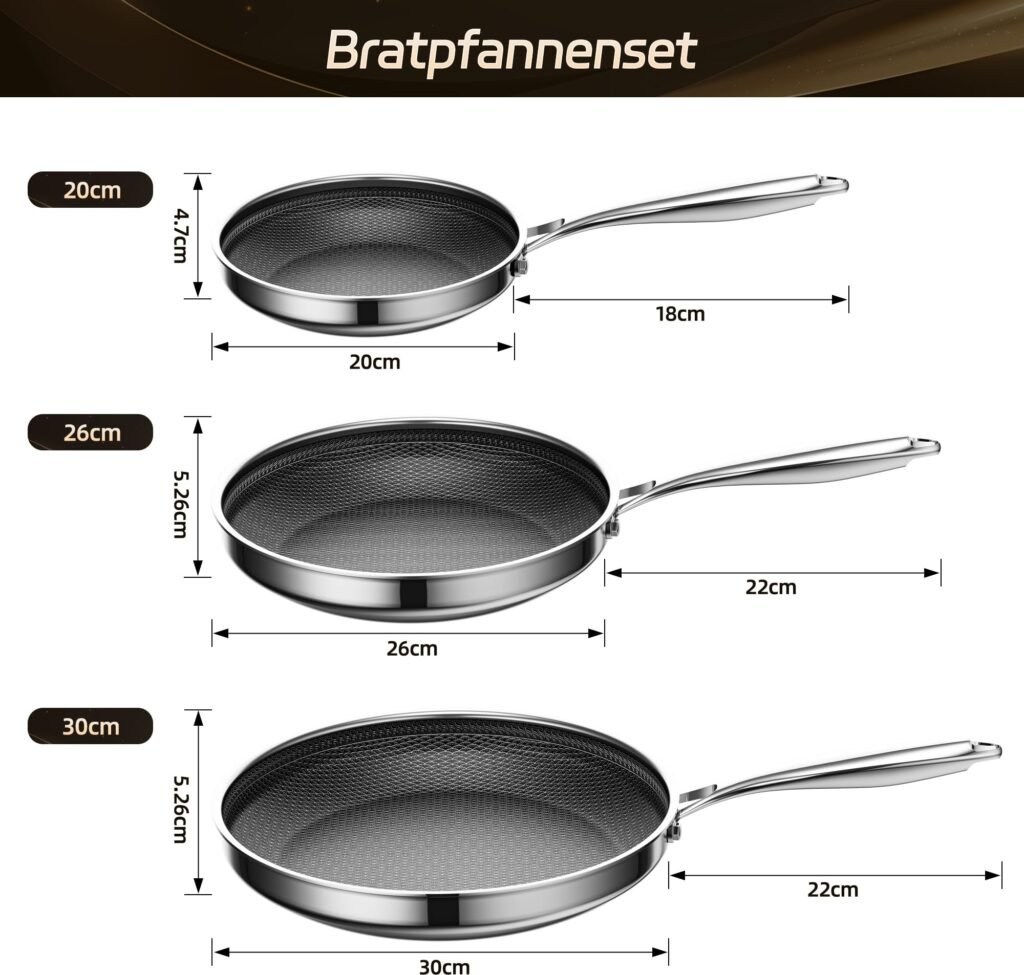 Maßangaben des ZEROPAN Standard Pfannensets 20, 26 und 30 cm