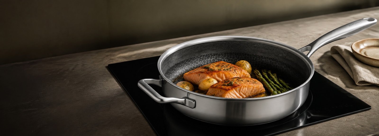 Lachs und Spargel in einer ZEROPAN Edelstahlpfanne auf dem Herd
