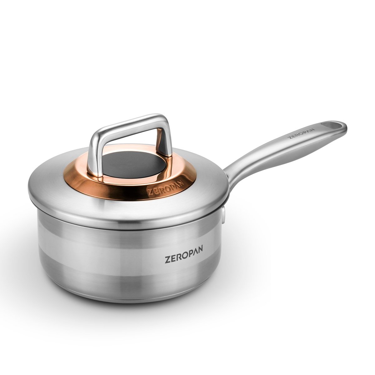 ZEROPAN Königtum Stielkasserolle 16 cm / 1,2 L ZEROPAN Königtum Stielkasserolle 16 cm aus Edelstahl 316L mit Deckel, freigestellt