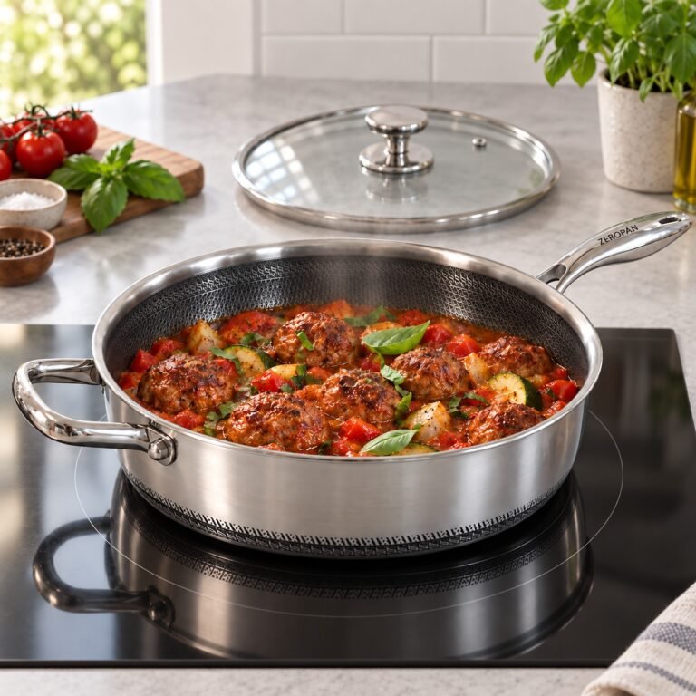 ZEROPAN Standard Schmorpfanne 30 cm mit Glasdeckel auf dem Herd in der Küche