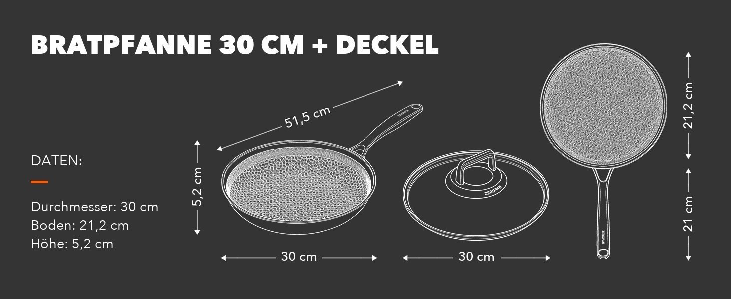 Technische Zeichnung der ZEROPAN Bratpfanne 30 cm mit Deckel