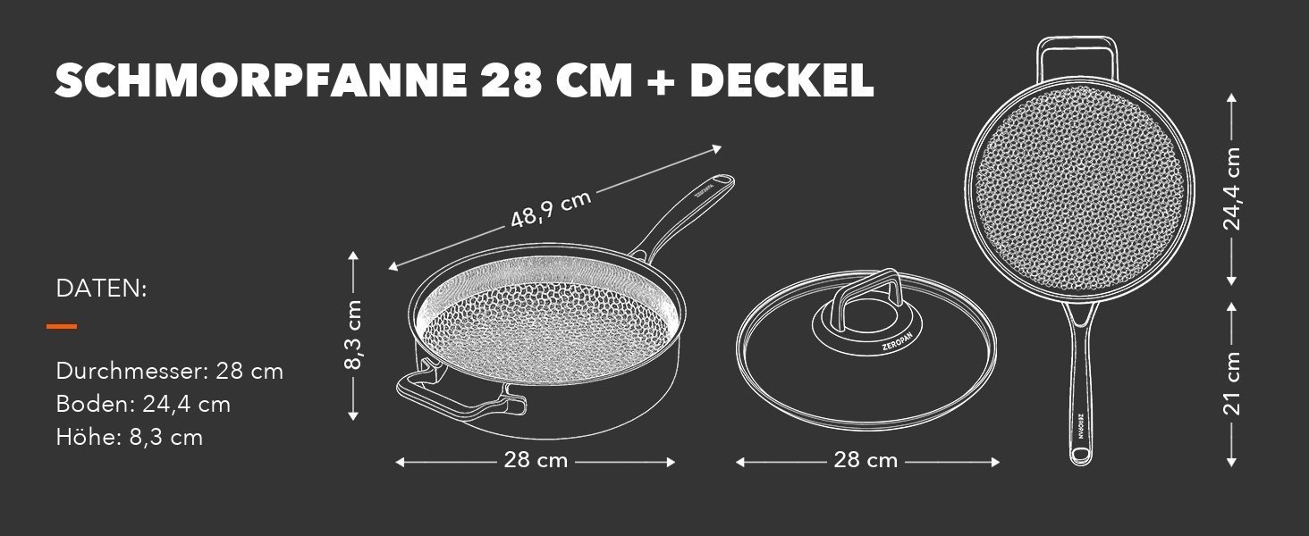 Technische Zeichnung der ZEROPAN Schmorpfanne 28 cm mit Deckel