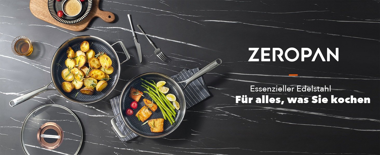 ZEROPAN Schmorpfannen aus Edelstahl mit angerichteten Gerichten