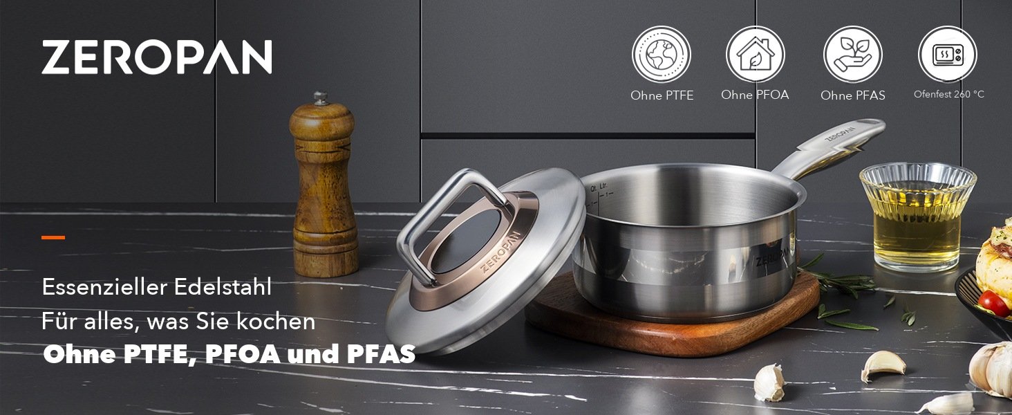 ZEROPAN Stielkasserolle aus Edelstahl, PTFE-, PFOA- und PFAS-frei