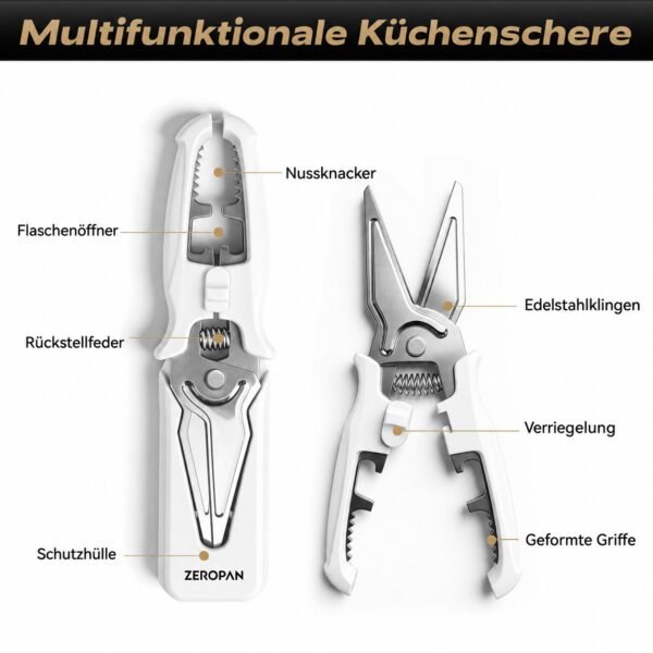 Multifunktionale ZEROPAN Küchenschere mit Flaschenöffner, Nussknacker, Rückstellfeder, Verriegelung und Schutzhülle
