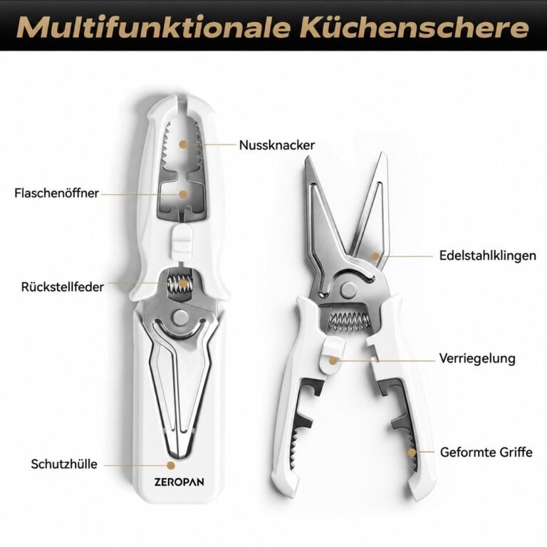 Multifunktionale ZEROPAN Küchenschere mit Flaschenöffner, Nussknacker, Rückstellfeder, Verriegelung und Schutzhülle