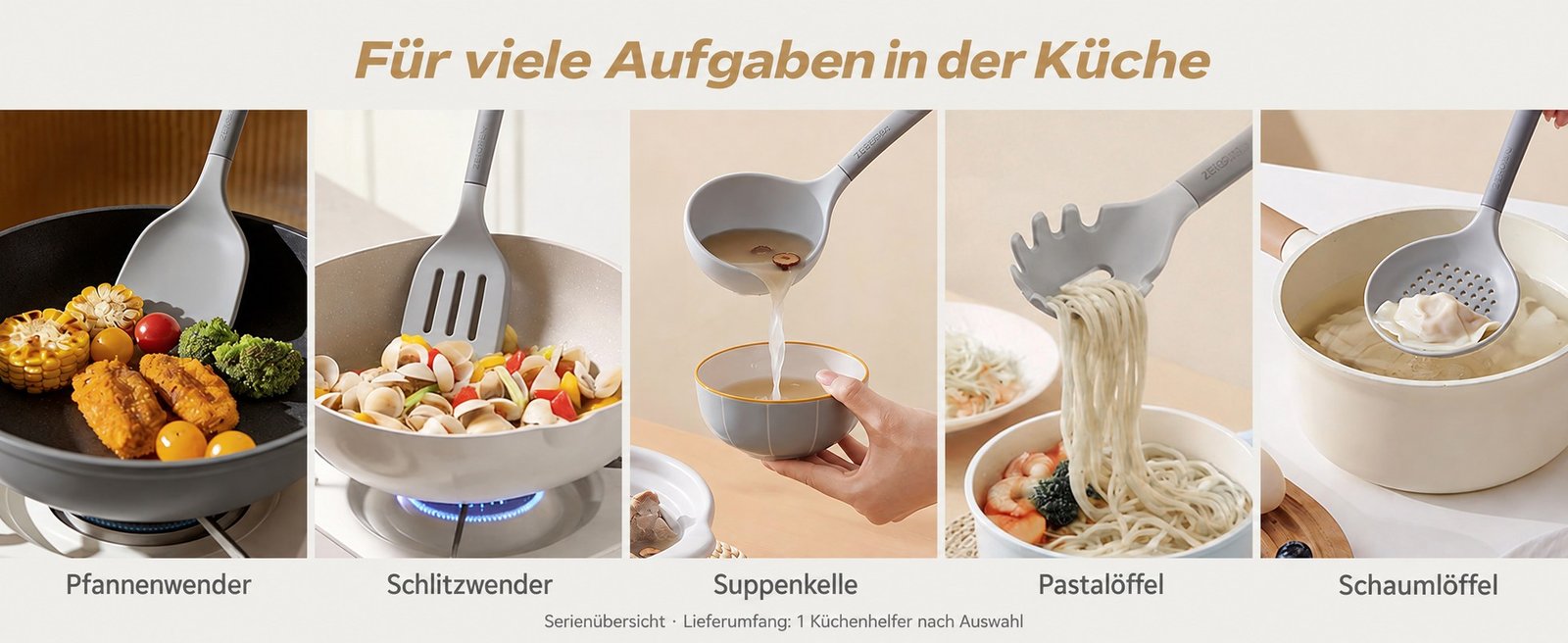 Pfannenwender, Schlitzwender, Suppenkelle, Pastalöffel und Schaumlöffel von ZEROPAN im Einsatz
