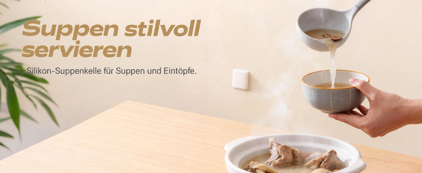 ZEROPAN Silikon-Schöpfkelle beim Servieren von Suppe
