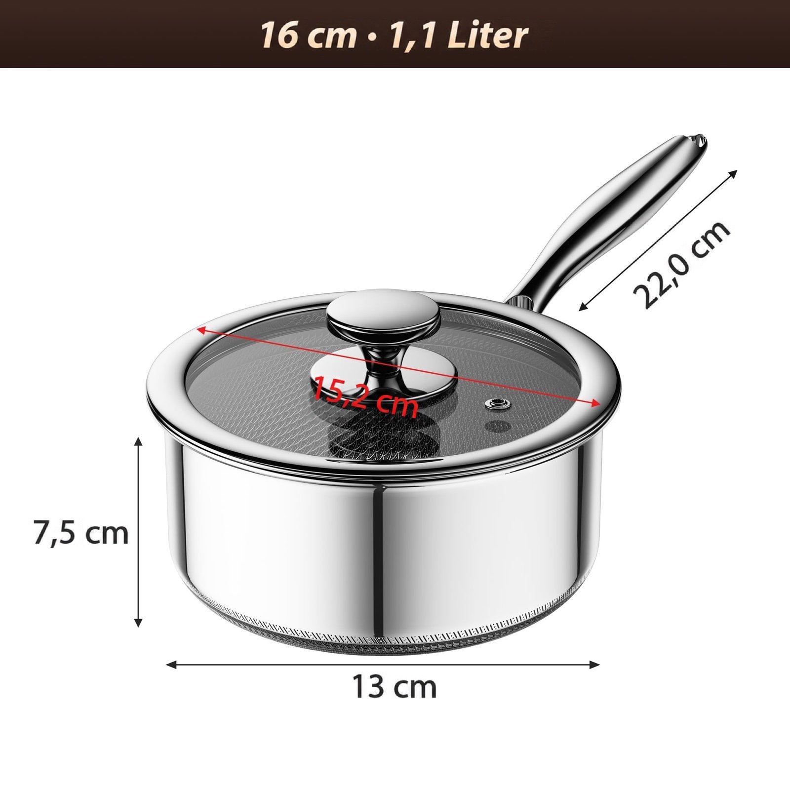 ZEROPAN Standard Stielkasserolle 16 cm – Maße: 16 cm, 1,1 Liter