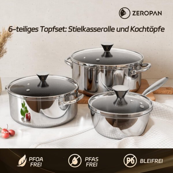 Sechsteiliges ZEROPAN Standard Topfset mit drei Töpfen und drei Glasdeckeln