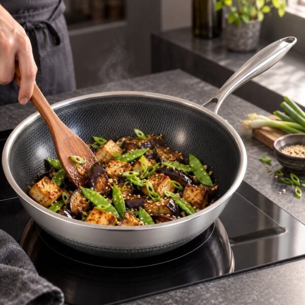 ZEROPAN Standard Wokpfanne 30 cm beim Kochen auf dem Induktionsherd