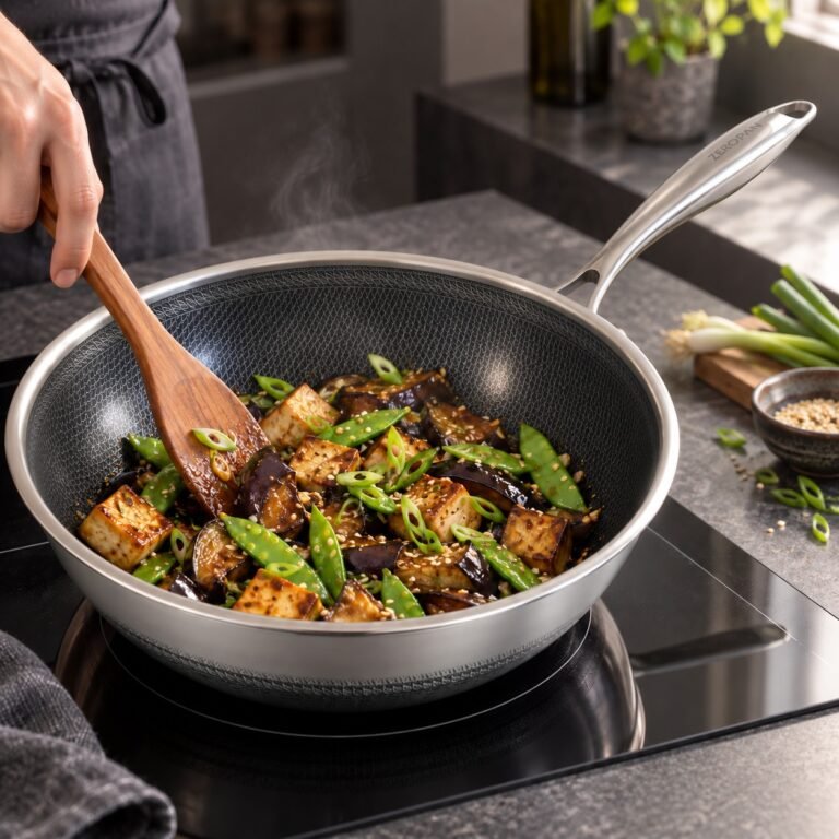 ZEROPAN Standard Wokpfanne 30 cm beim Kochen auf dem Induktionsherd